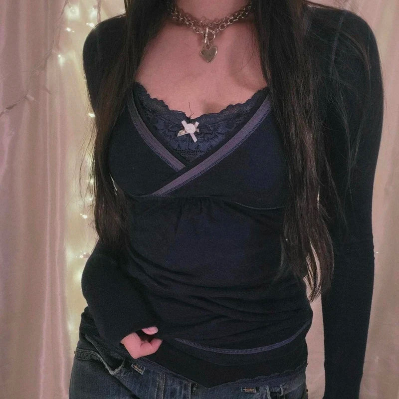 Camiseta retro grunge cottage de los 2000, punto acanalado de otoño, manga larga, corte entallado, estilo Y2K, hada, años 90, vintage, cuello de pico, crop tops para mujer