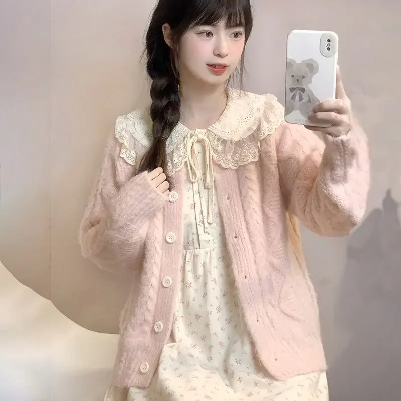 Knit Oversized Cardigan + Peter Pan Collar Floral Dress Set