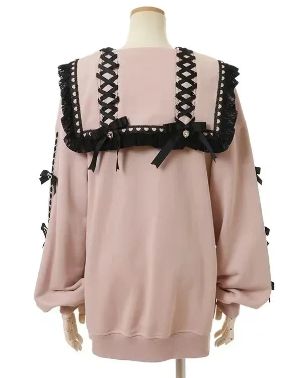 Sudadera japonesa Liz Mine masivamente producida con cuello marinero, lazo de cinta, estilo preppy dulce, Y2K, para mujer, otoño, bonita, oversize