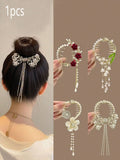 1pc Bun Holder Clip With Flower Tassel
