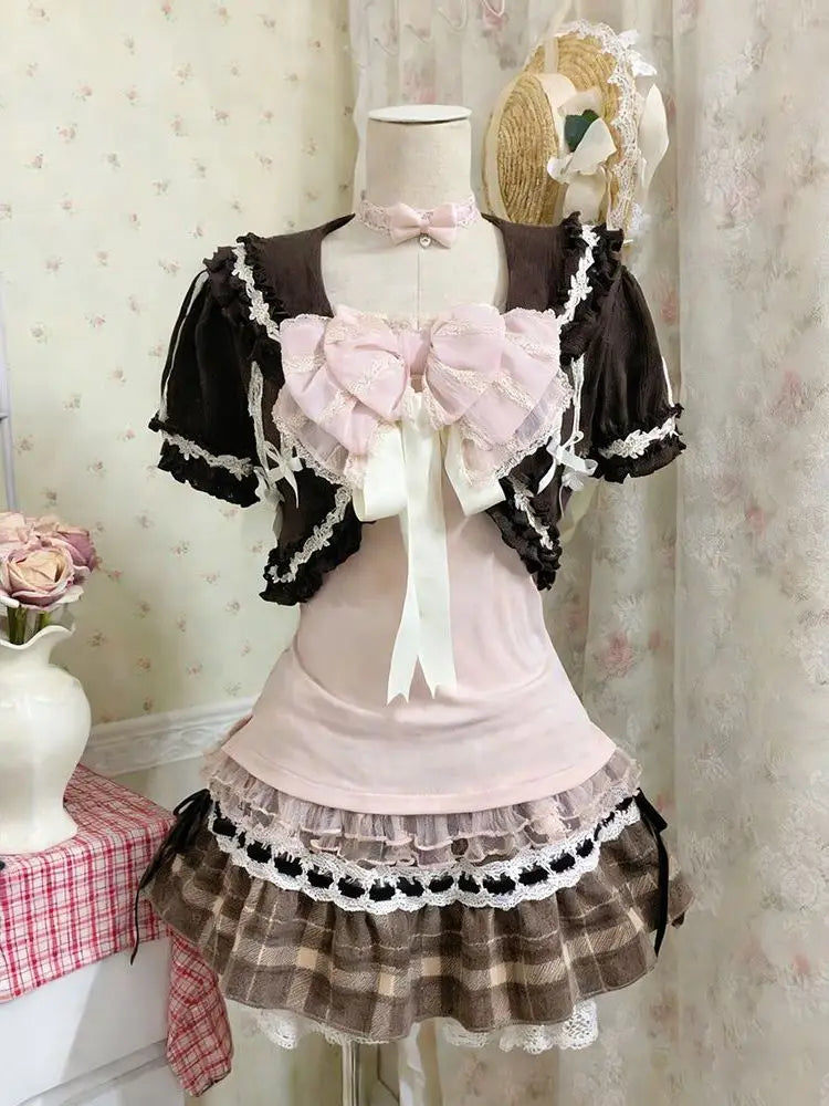 Lace Bow Blouse + Cami Top + Plaid Ruffle Mini Skirt Set