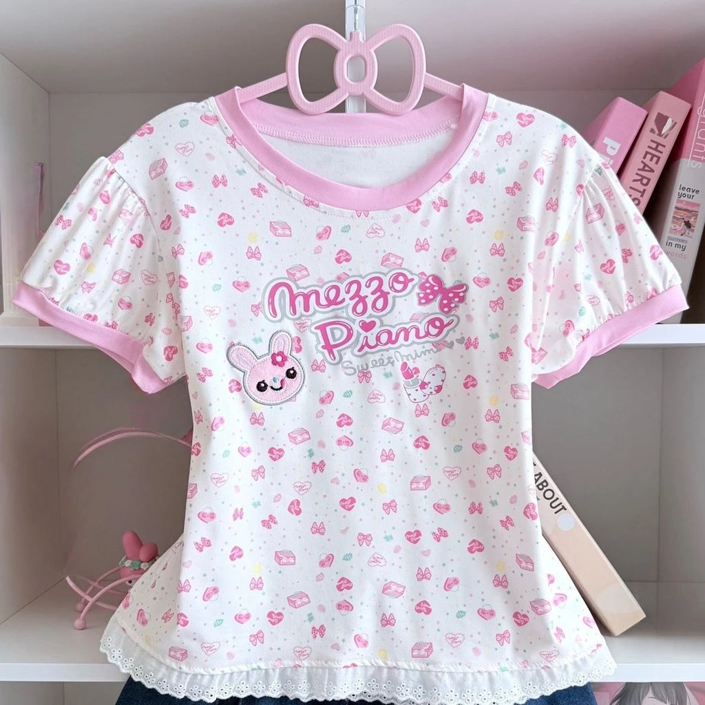 Blusa Estampada Kawaii Sweet Lolita para Mujer Manga con Volantes Encaje Camiseta con Ribete de Lazo Decoración Personaje de Dibujos Animados Estampado Integral Top Lindo