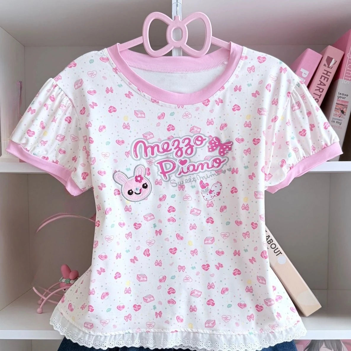 Blusa Estampada Kawaii Sweet Lolita para Mujer Manga con Volantes Encaje Camiseta con Ribete de Lazo Decoración Personaje de Dibujos Animados Estampado Integral Top Lindo