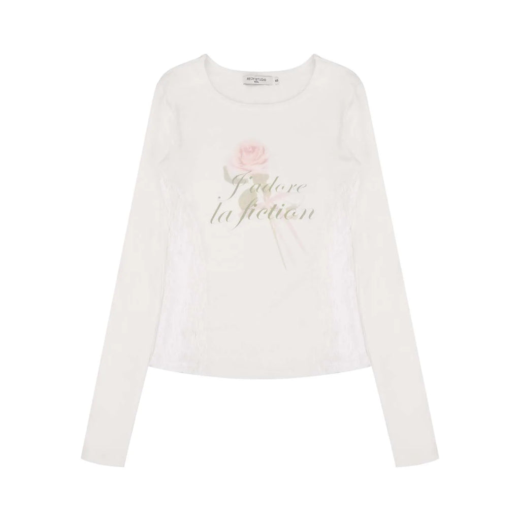 Rose Print Lace-paneled Long Sleeve O-neck T-Shirt