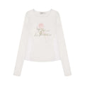 Rose Print Lace-paneled Long Sleeve O-neck T-Shirt