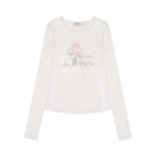 Rose Print Lace-paneled Long Sleeve O-neck T-Shirt