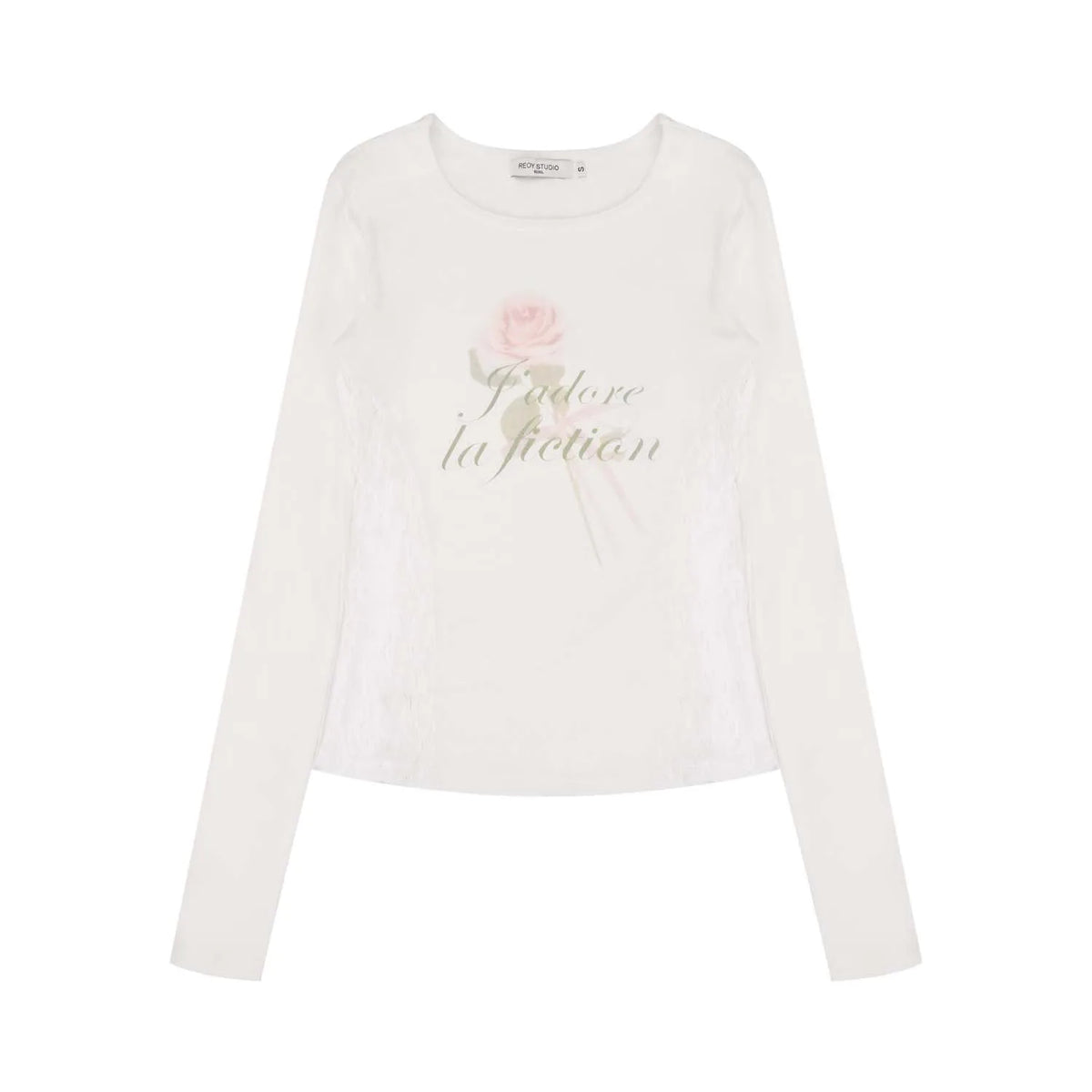 Rose Print Lace-paneled Long Sleeve O-neck T-Shirt