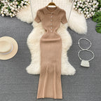 REALEFT Verano 2026 Nuevo Polo de Mujer Vestido Largo Tejido Sólido Elegante Manga Corta Botones Vestido Bodycon Envolvente Femenino