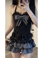 Conjunto de 3 Piezas de Cárdigan de Manga Larga con Lazo + Falda Corta con Volantes y Cintura Elástica