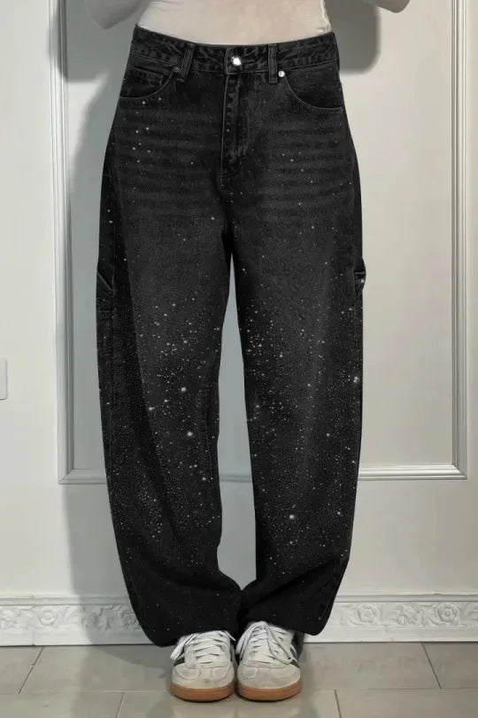Pantalones vaqueros de mujer con estrellas bordadas y diamantes de imitación, estilo vintage informal de mezclilla con detalles brillantes