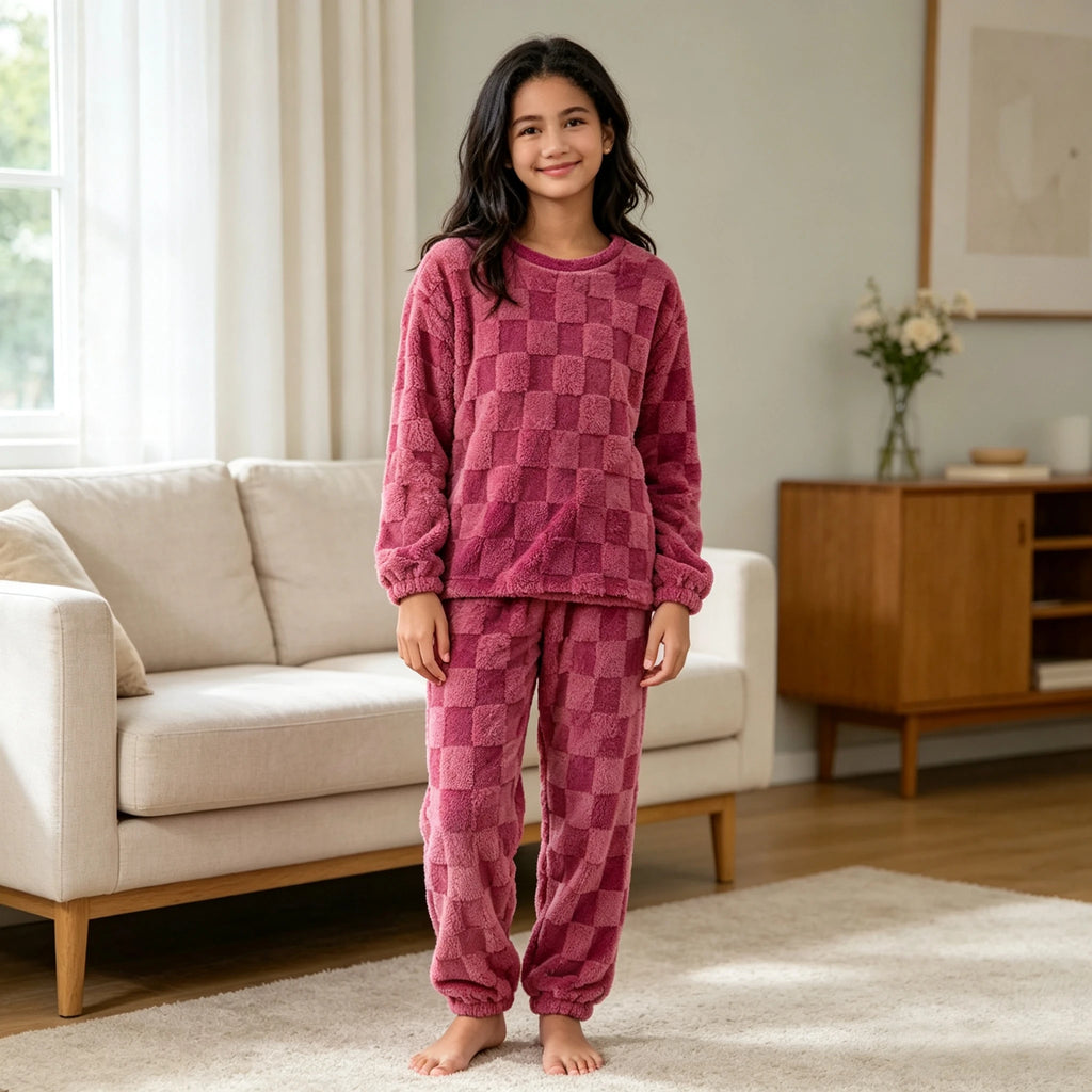 O-Neck Pullover Top + Plaid Loose Elastic Waist Pants Set