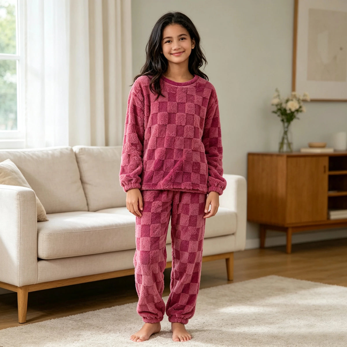 O-Neck Pullover Top + Plaid Loose Elastic Waist Pants Set
