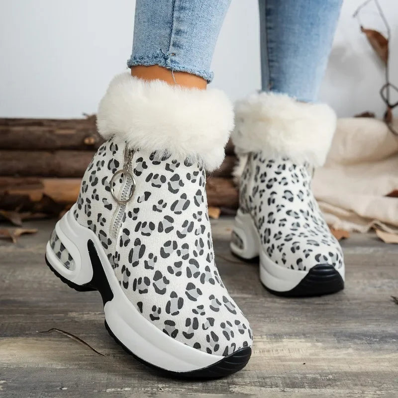 Thick-soled Leopard Print Frosted Zipper Cotton Boots