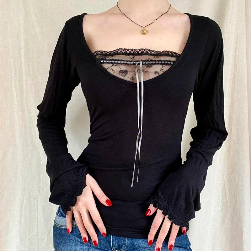 Camiseta retro grunge cottage de los 2000, punto acanalado de otoño, manga larga, corte entallado, estilo Y2K, hada, años 90, vintage, cuello de pico, crop tops para mujer