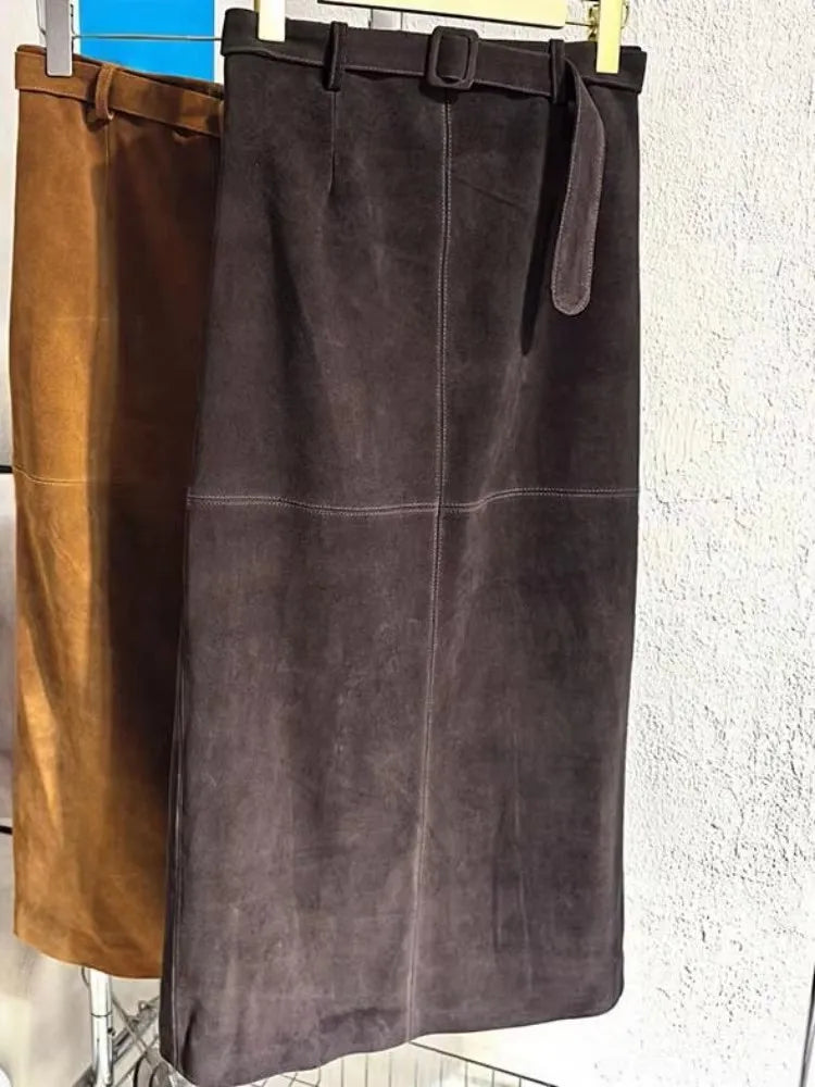Genuine Leather Suede Long Skirt