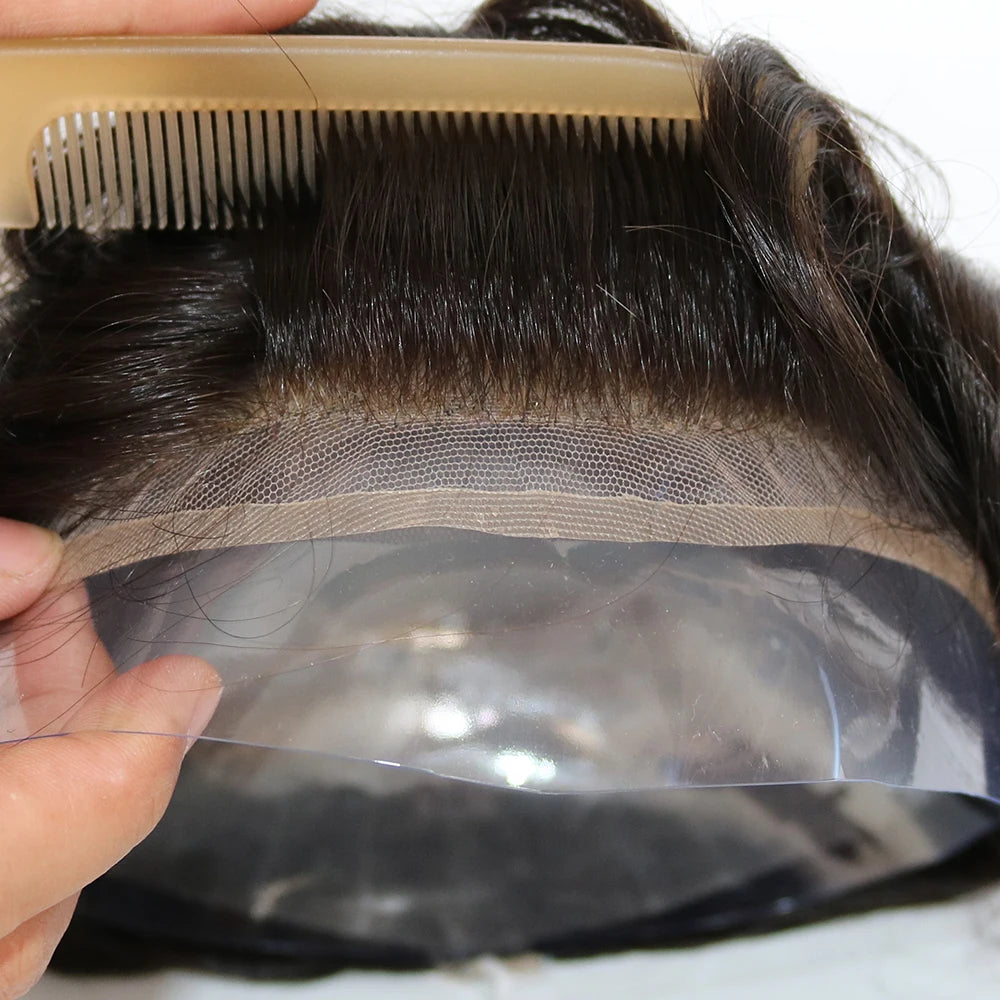 Q6 Swiss Lace With PU Men Toupee #1#1b Black Europe Human Hair Male Wig Men Hair 1B40 Replacement System Unit Natural Hairline