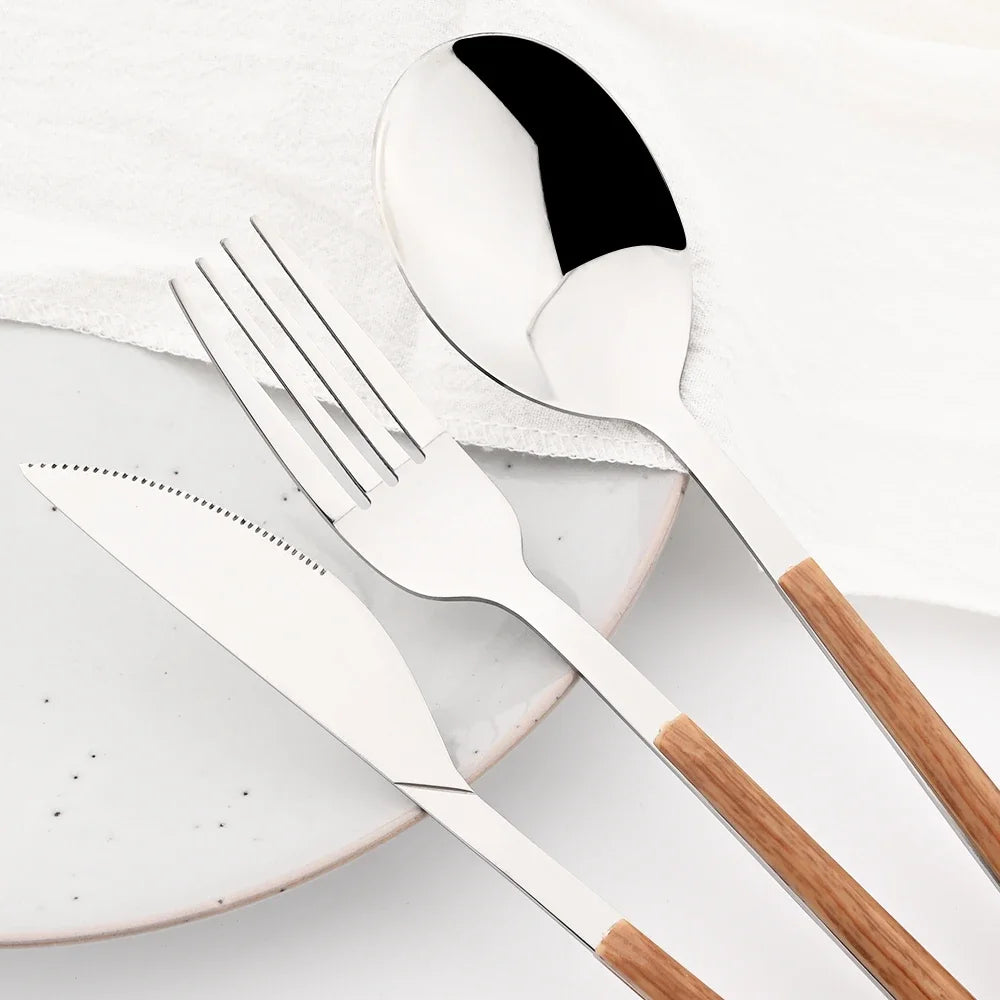 16/24/30Pcs Stainless Steel Imitation Wooden Handle Cutlery Se