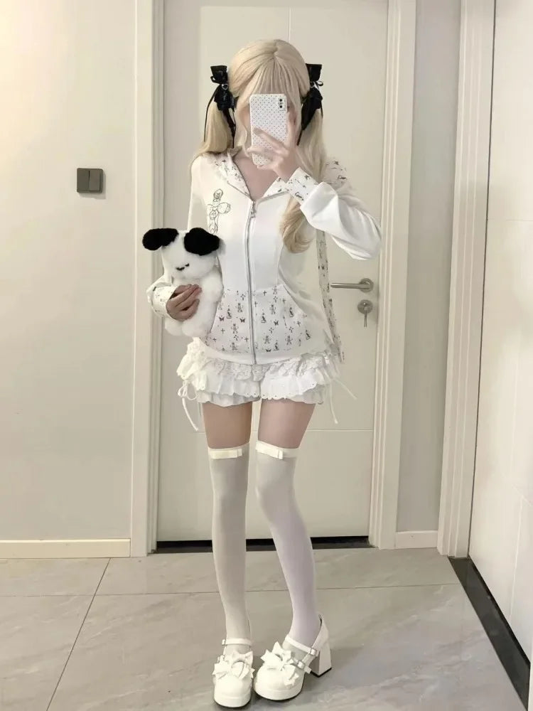 Rabbit Ear Hooded Lace Long Sleeve Sweatshirts Jacket + High Waist Cake Skirt