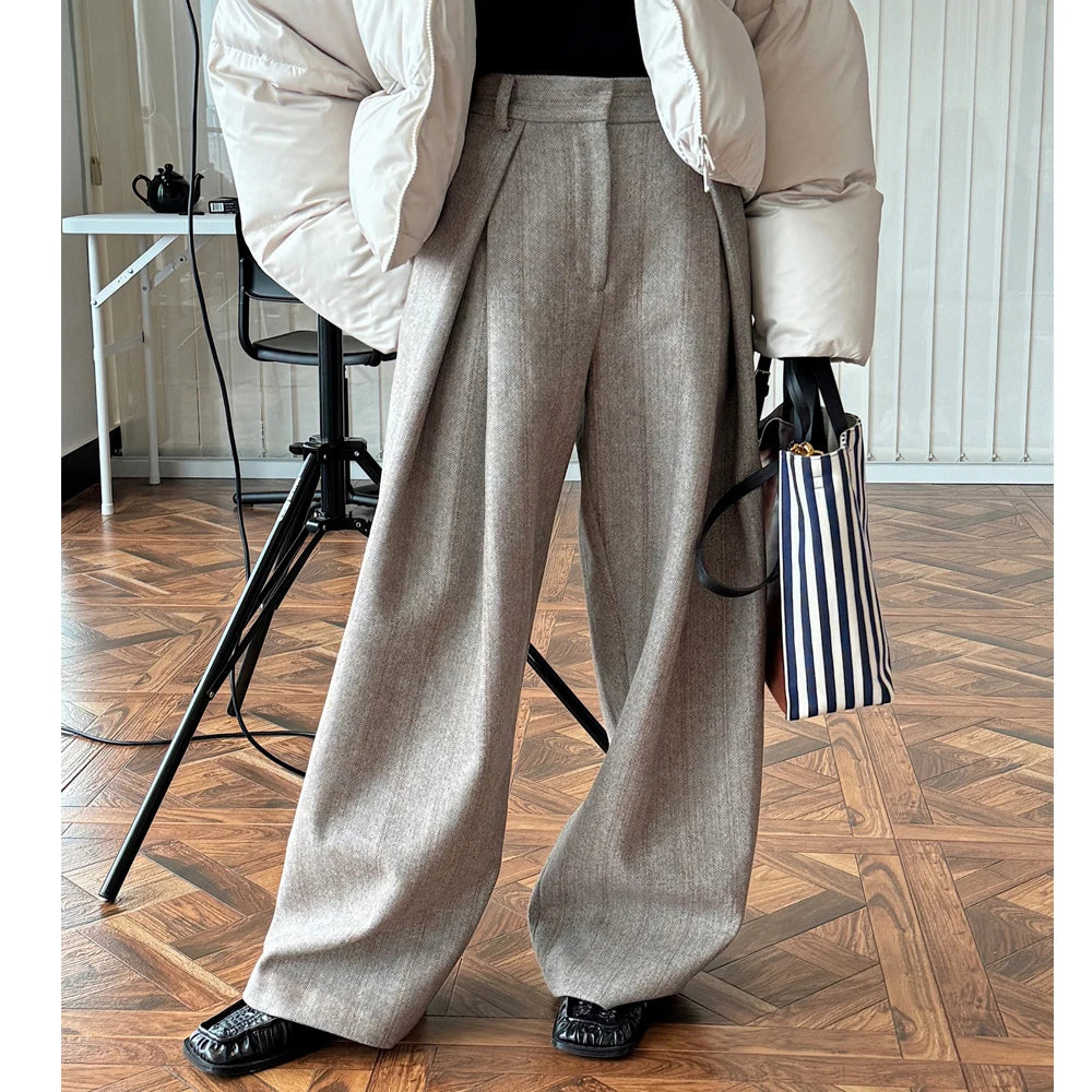 Pantalones de Moda de Mujer de Primavera de 80% Lana, Pierna Ancha, Cintura Alta, Rayas, Rectos, Ropa de Moda, Pantalones Femeninos