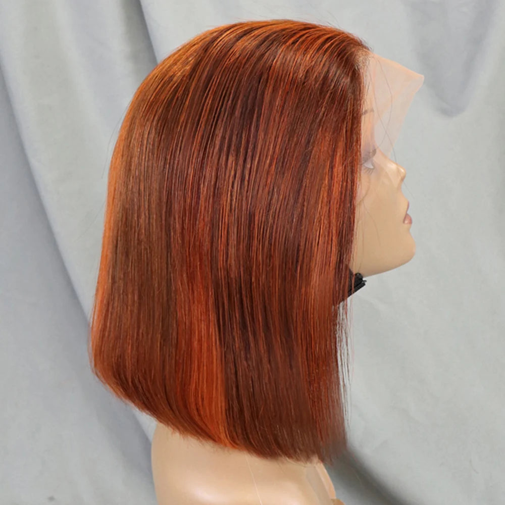 200% Density Bob Straight Human Hair 13x4 Transparent Lace Frontal Human Hair Wigs 100% Human Hair Ginger 99J Colored Wig