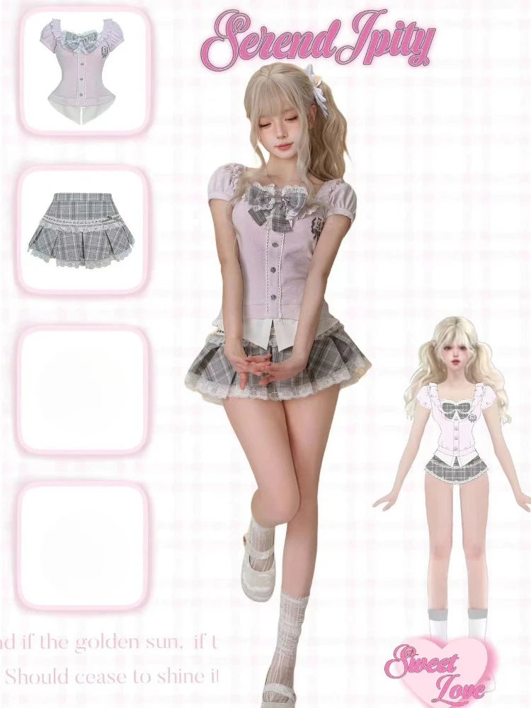 Bow Knitted Cardigan + Ruffles Plaid Mini Skirt Set