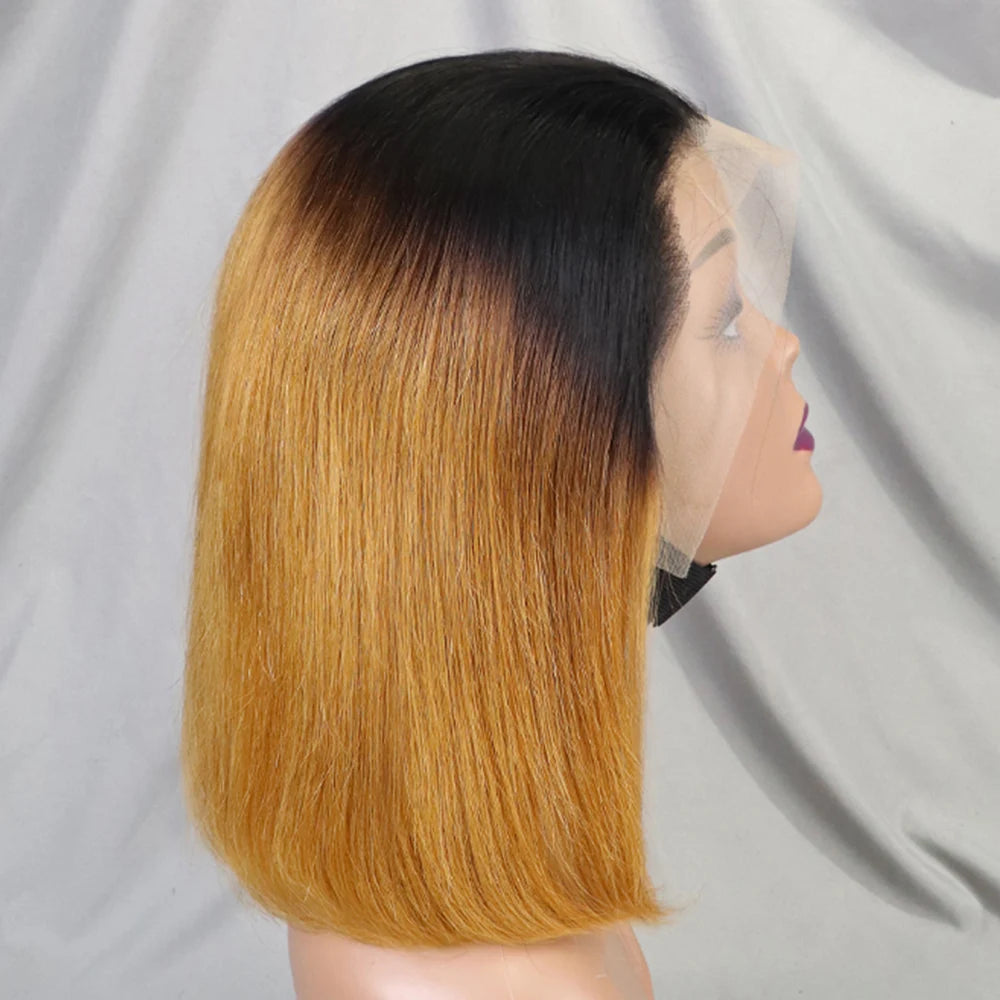 200% Density Bob Straight Human Hair 13x4 Transparent Lace Frontal Human Hair Wigs 100% Human Hair Ginger 99J Colored Wig