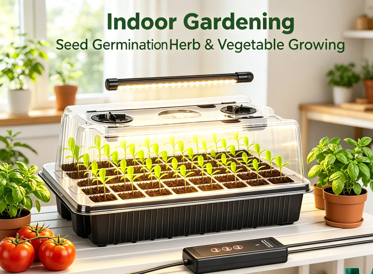 HTMCK 1 Set, Seed Starter Trays With 2 Long Strip Grow Lights, 40 Cells Seed Starter Kit With Humidity Dome For Home Gardene