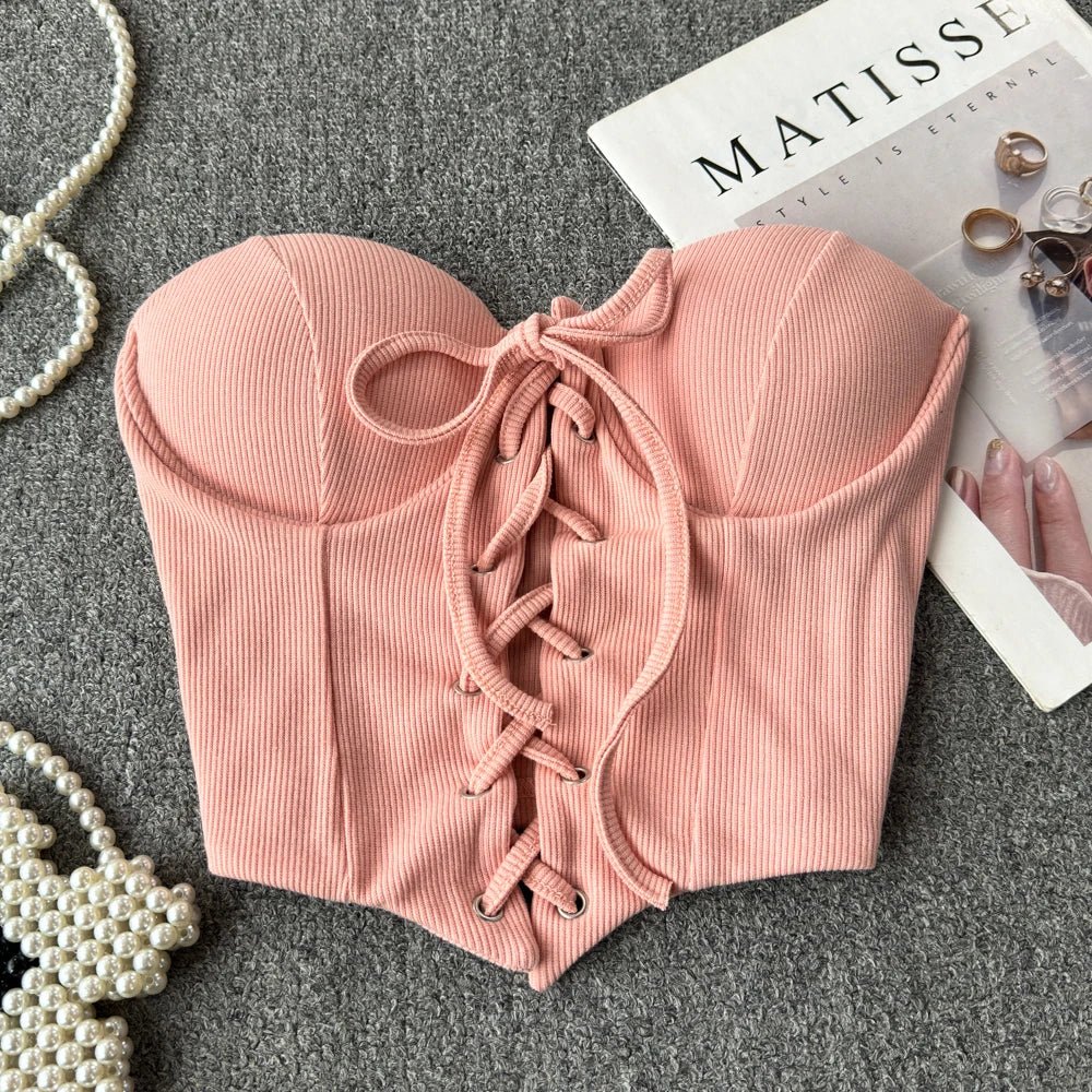 Tops sin espalda para mujer, nueva llegada, cuello tipo slash, sujetador incorporado, ombliguera, con cordones, camisola ajustada, verano, vintage, gallus, dropship