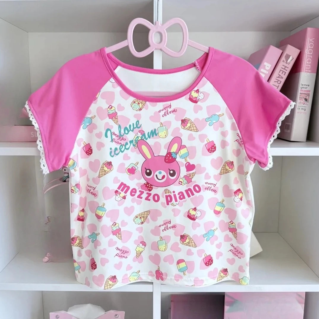 Blusa Estampada Kawaii Sweet Lolita para Mujer Manga con Volantes Encaje Camiseta con Ribete de Lazo Decoración Personaje de Dibujos Animados Estampado Integral Top Lindo