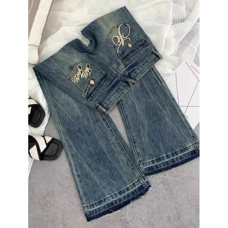 Jeans americanos retro de tiro bajo para mujer, otoño, nueva moda, bordado, temperamento, casual, ajustado, acampanado, estilo comodín.