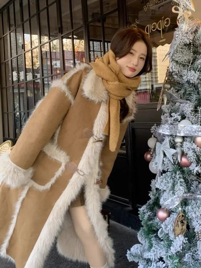 Chaqueta de piel de cordero auténtica para mujer, abrigo de invierno de lujo, parka cálida con forro de piel sintética, gabardina de cuero ecológico