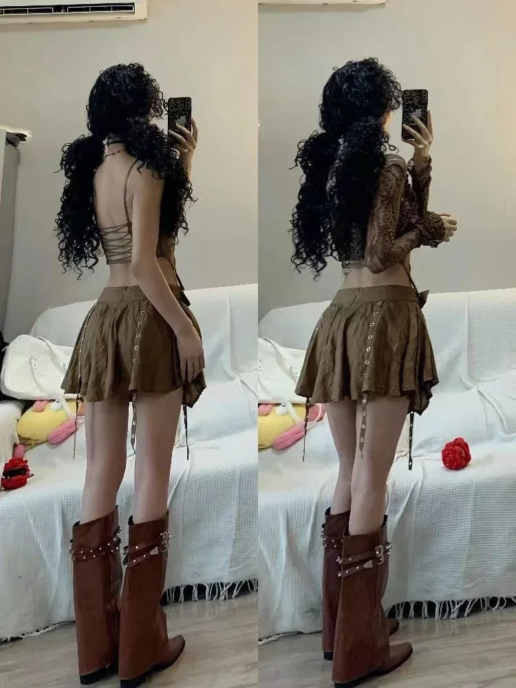 3-Piece Mocha Brown Lace Corset, Flare-Sleeve Tie-Front Shrug & Grommet Belt Tiered Mini Skirt Set