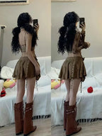 3-Piece Mocha Brown Lace Corset, Flare-Sleeve Tie-Front Shrug & Grommet Belt Tiered Mini Skirt Set