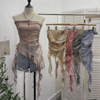 Tie-Dye Mesh Ruffle Edge Asymmetric Tube Top