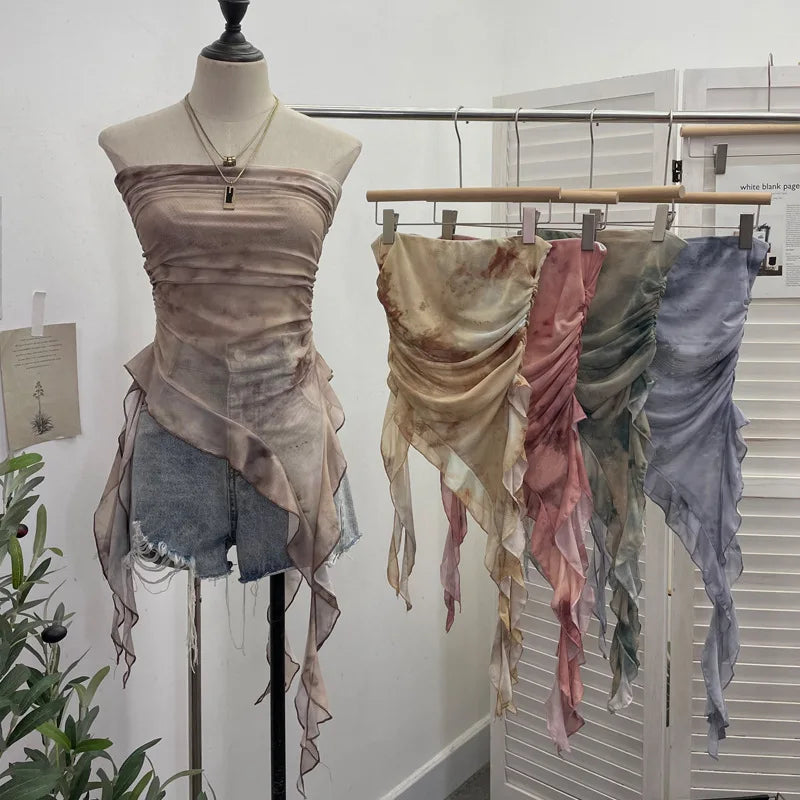 Tie-Dye Mesh Ruffle Edge Asymmetric Tube Top