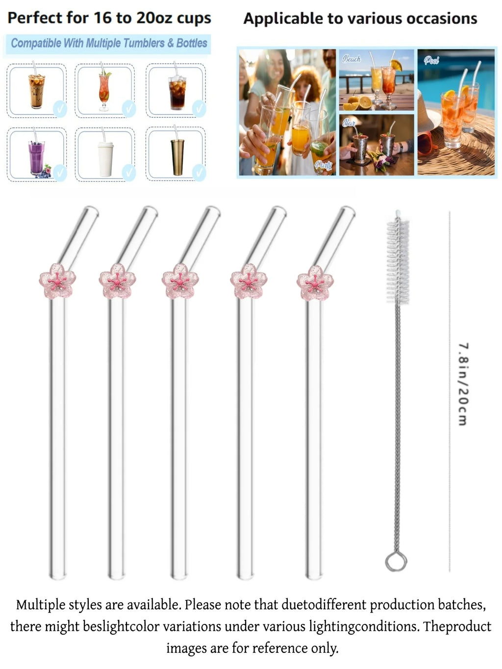 Pink Peach Blossom Curved Glass Straw