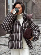 Abrigo informal de rayas holgado para mujer, con cremalleras, manga larga, cuello alto, chaquetas gruesas, para mujer, 2025, de calle, otoño, invierno