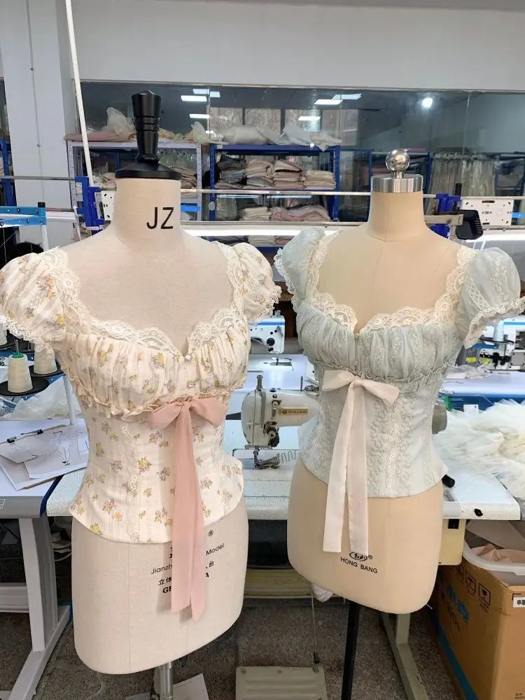 Lace Trim Floral Bow Tie Front Ruched Crop Top