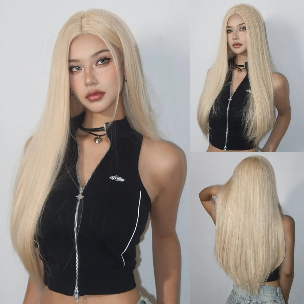 Light Blonde Golden Hair Long Silky Straight Synthetic Wig for Women Blonde Natural Hairs Wig Daily Lolita Heat Resistant Wigs