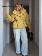 Chaqueta de cuero tipo parka marrón a la moda para mujer, cuello alto oversize, cordón ajustable, cremallera, abrigo de otoño 2026, ropa de calle vanguardista para mujer