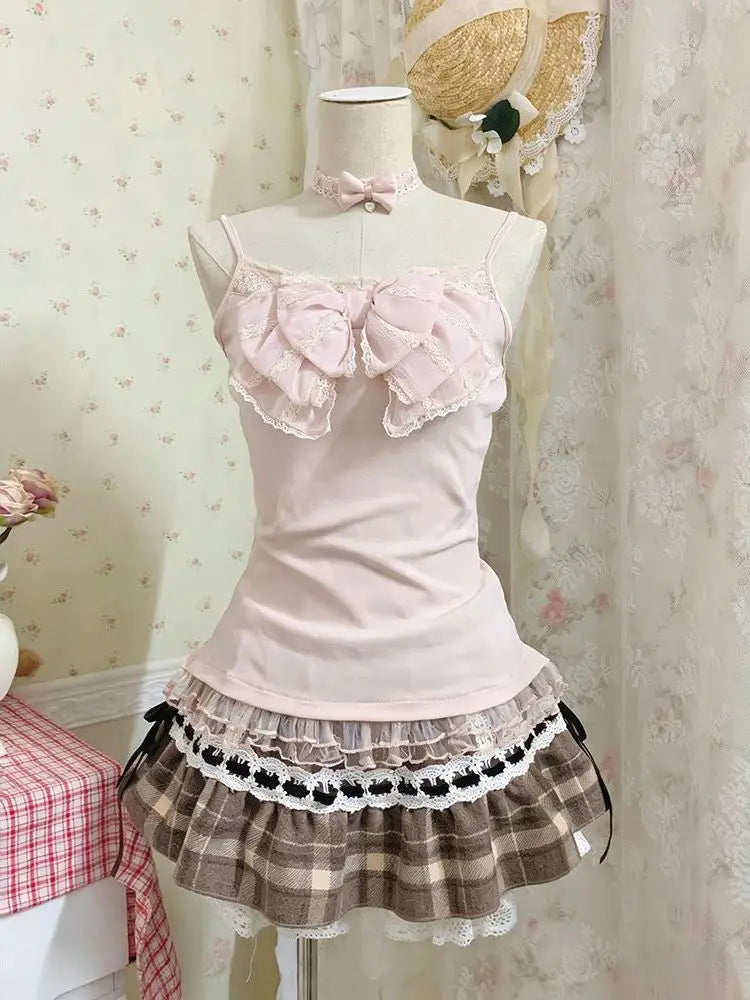 Lace Bow Blouse + Cami Top + Plaid Ruffle Mini Skirt Set