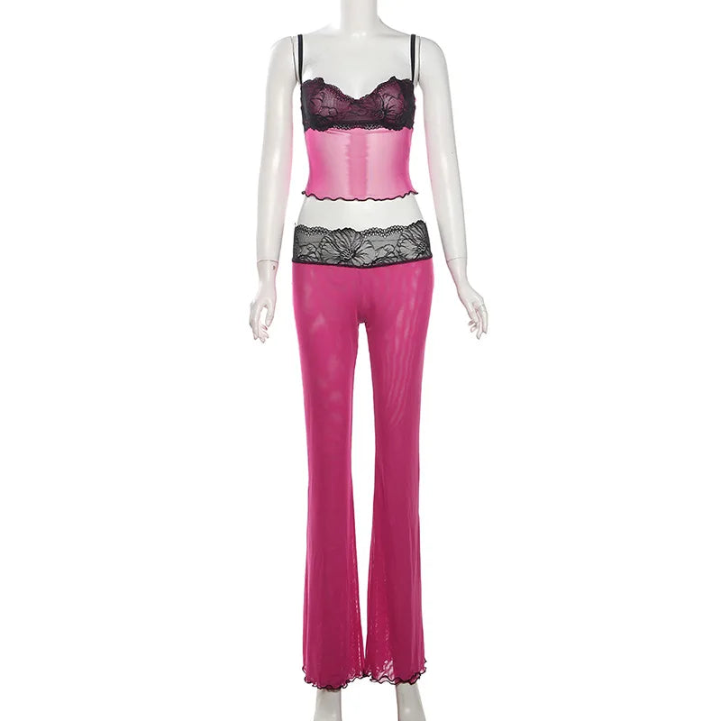 Lace Patchwork Leopard Print Sheer Mesh 2 Piece Set