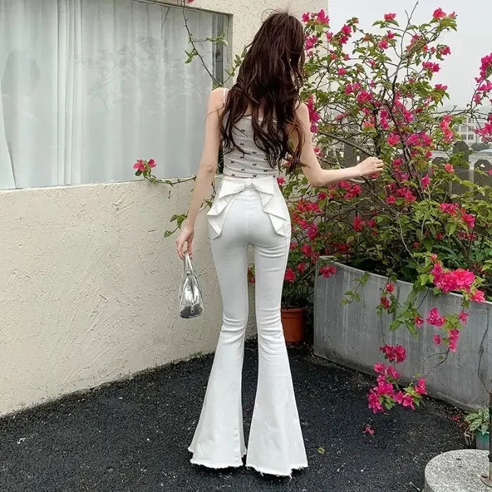 Pantalones vaqueros vintage de cintura alta Y2k con nudo de mariposa 3D para mujer, ropa de calle de primavera verano, pantalones vaqueros casuales, moda, pantalones acampanados ajustados
