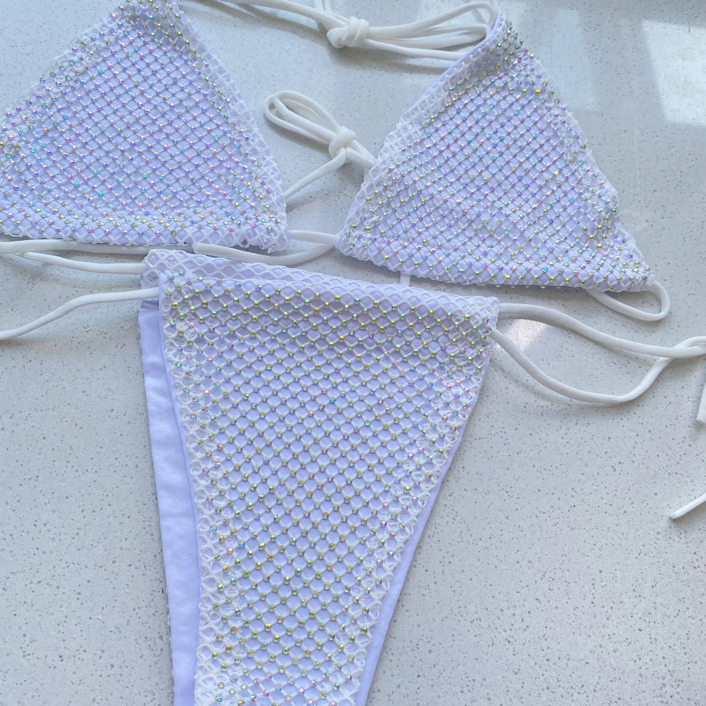Conjunto de bikini sexy para mujer Traje de baño de lujo con pedrería brillante plateada Cristales y diamantes Traje de baño Halter Push Up Vendaje Ropa de playa
