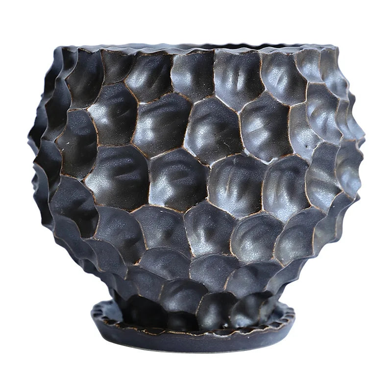 Black Ceramic Flowerpot with Tray
