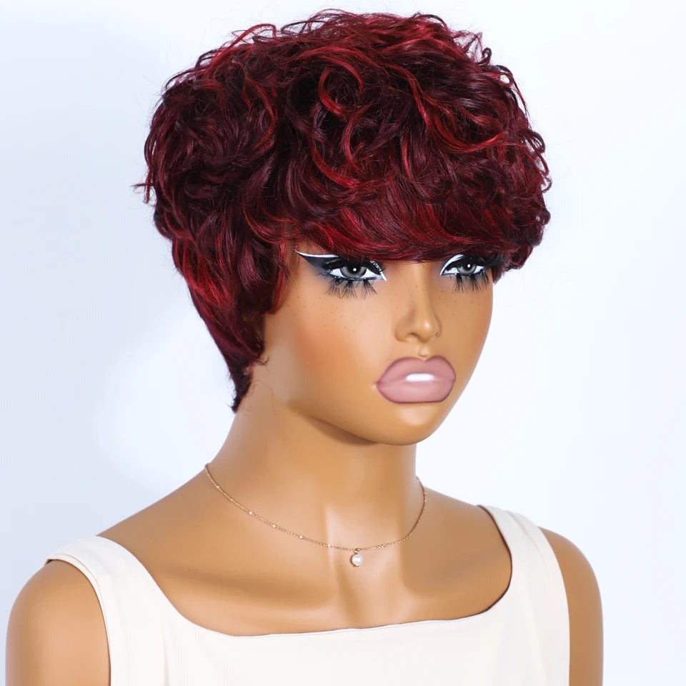 Mixed Brown Short Pixie Cut Curly 100% Human Hair Wig For Women Brazilian Remy Hair Colored Side Part Full Machine Wigs