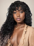 Water Wave With Bangs Wig No Lace Wig 250 Density Pre-Plucked Natural Wave Wear Go Glueless Curly Human Hair Wigs For Women