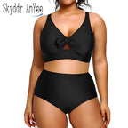Trajes de baño de dos piezas elegantes negros para mujer, talla grande, control de abdomen, cintura alta, trajes de baño de playa 2024