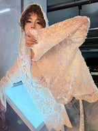 Blusa Protectora Solar Blanca de Encaje para Mujer, Camisa Fina de Manga Larga Holgada de Verano Y2K Coreana Elegante Chic, Tops con Capucha para Mujer Novedad