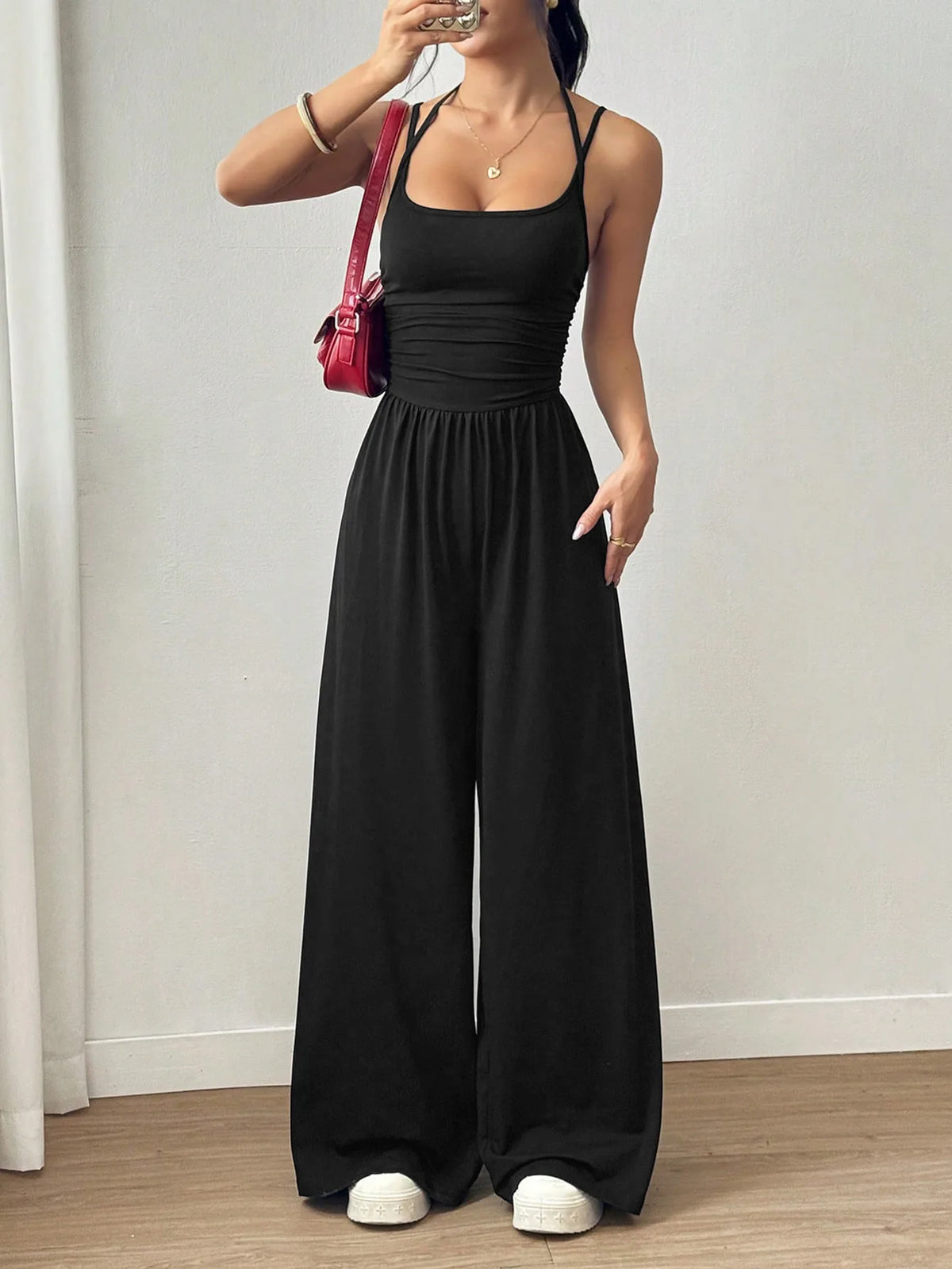 Casual Simple Suspender Sleeveless High Waist Backless Loose Jumpsuit